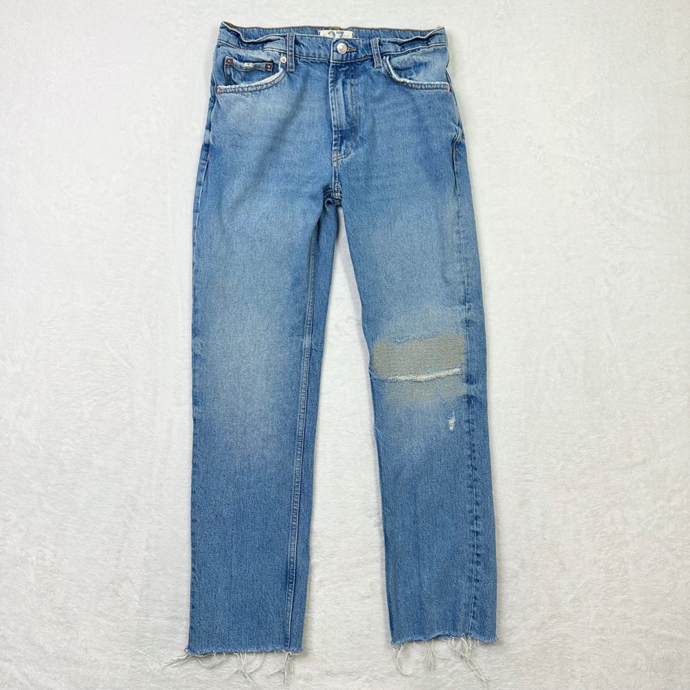 We The Free Distressed Jeans Womens 27 Blue Raw Hem Straight Denim Light Wash